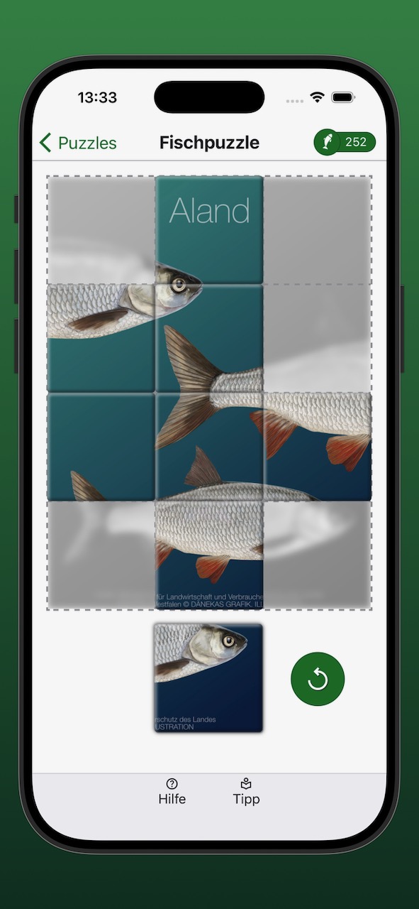 Bildschirmfoto der Anzeige eines Fischpuzzles während der Bearbeitung