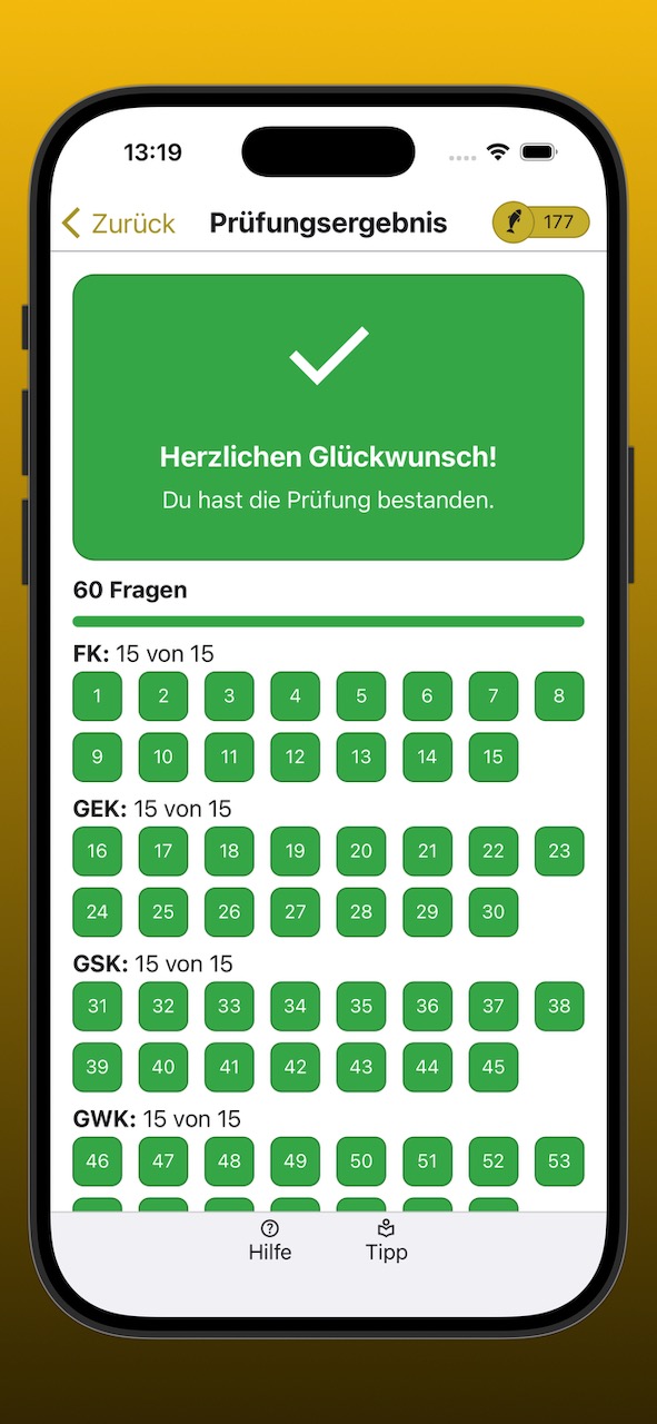 Bildschirmfoto der Anzeige eines erfolgreichen Prüfungsergebnisses