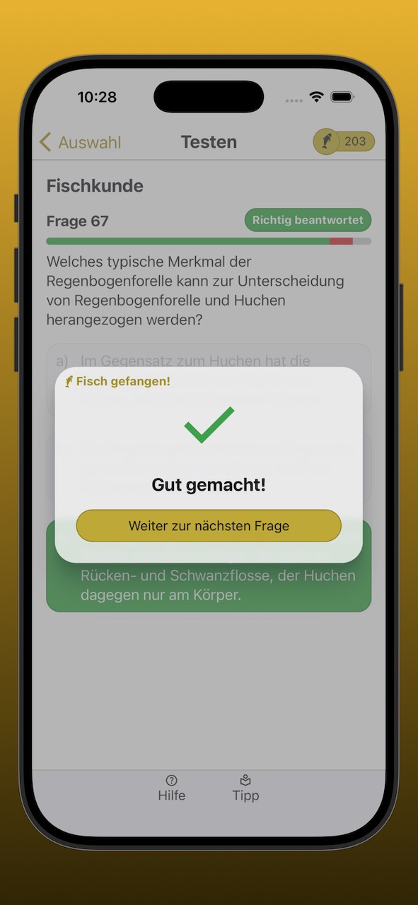 Bildschirmfoto der Ergebnisanzeige einer richtig beantworteten Frage
