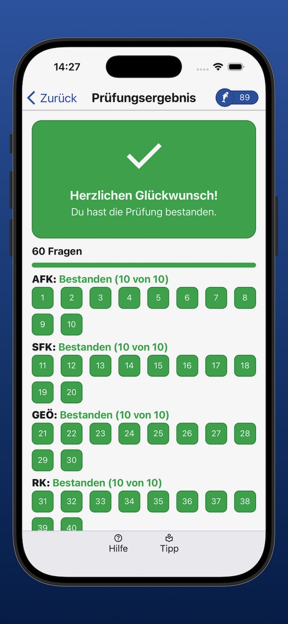 Bildschirmfoto der Anzeige eines erfolgreichen Prüfungsergebnisses