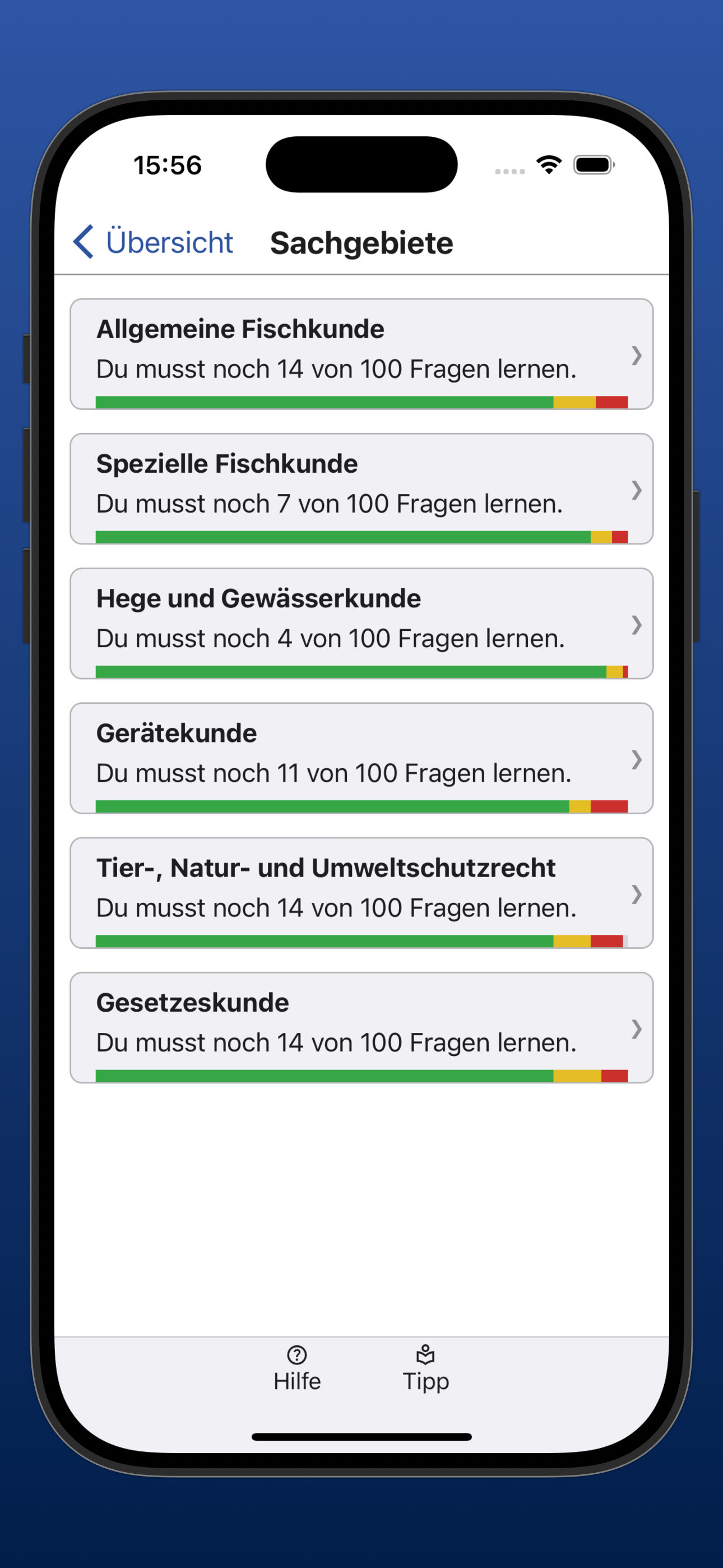 Bildschirmfoto der Übersicht über den Lernfortschritt in allen Sachgebieten