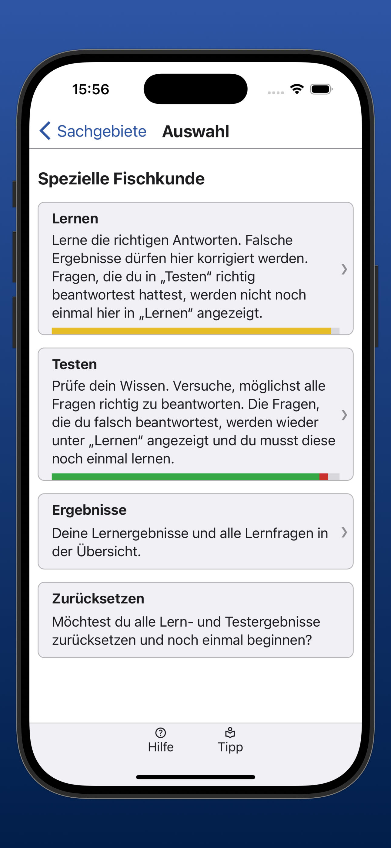 Bildschirmfoto der Übersicht der Auswahl eines Sachgebiets