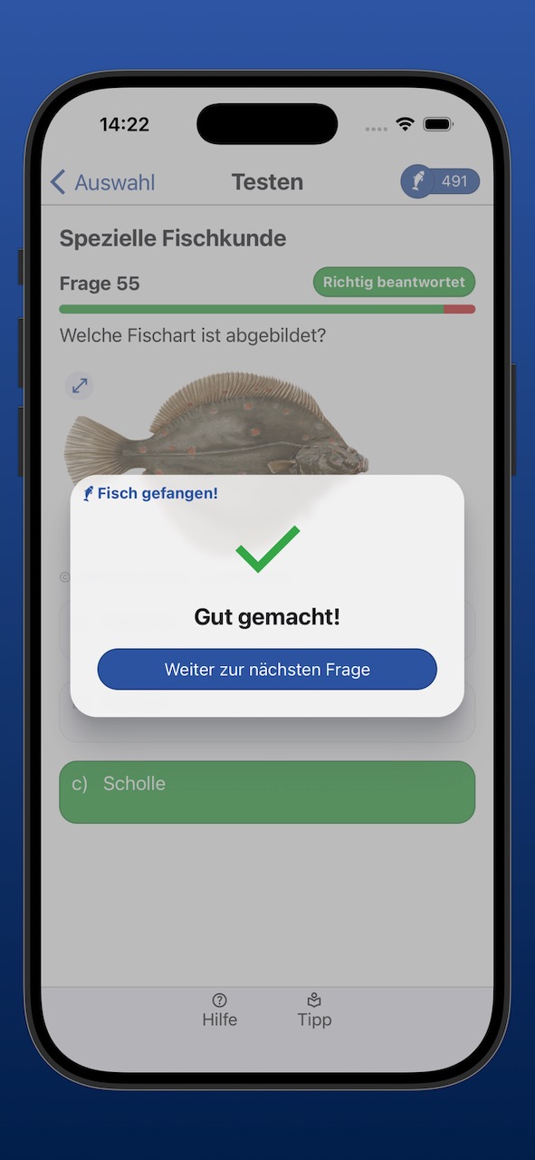 Bildschirmfoto der Ergebnisanzeige einer richtig beantworteten Frage