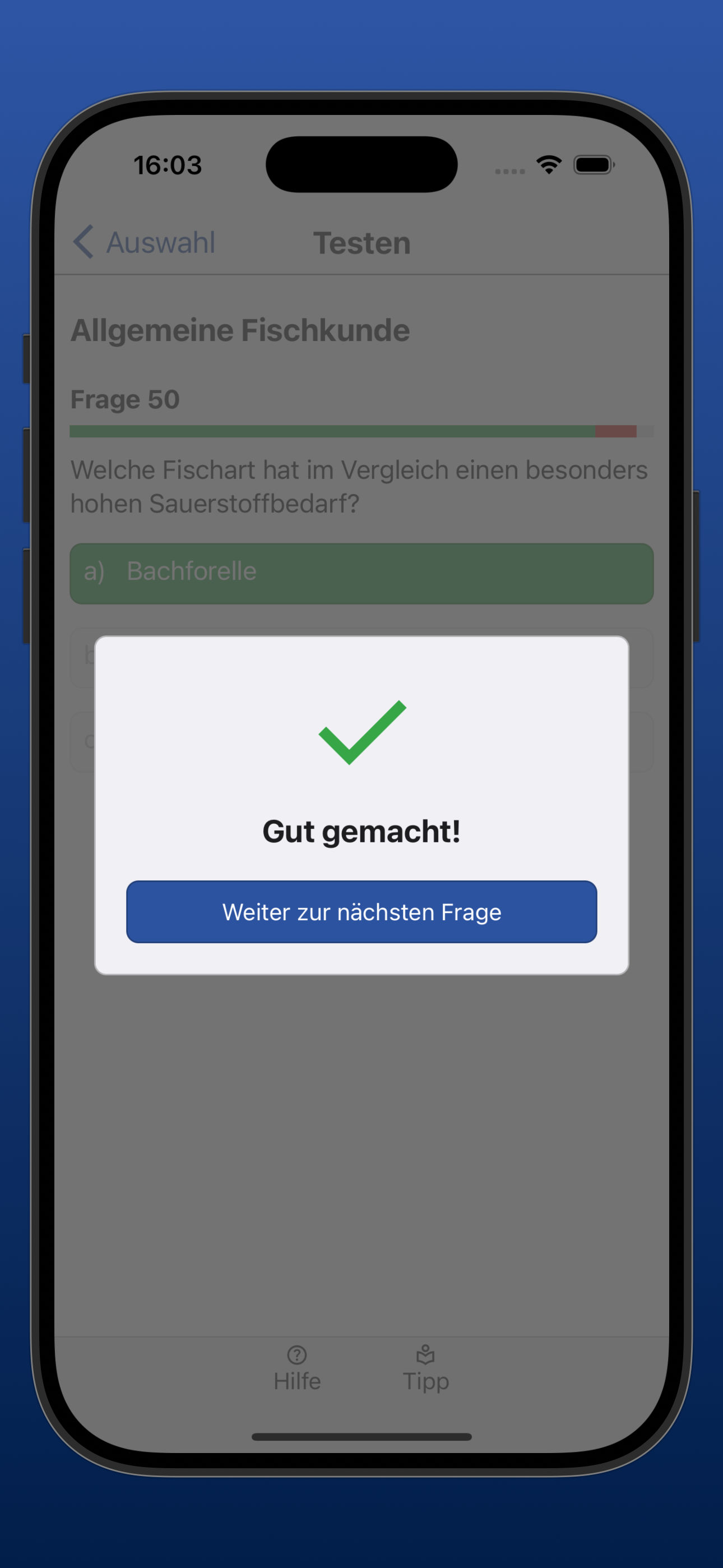 Bildschirmfoto der Ergebnisanzeige einer richtig beantworteten Frage
