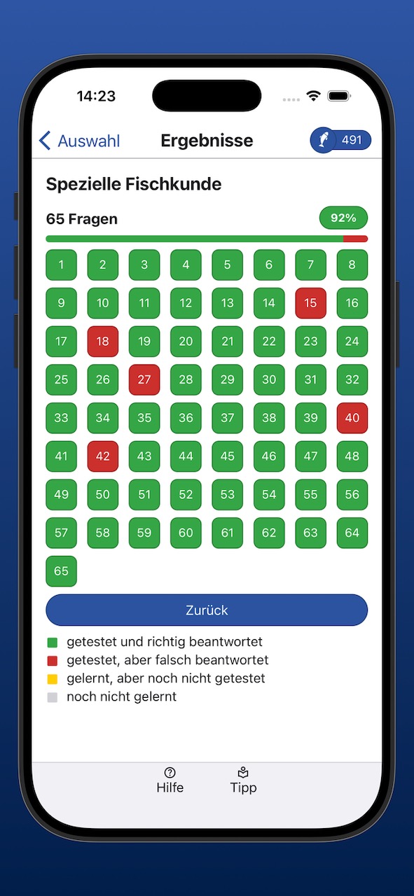 Bildschirmfoto der Anzeige der Lernergebnisse
