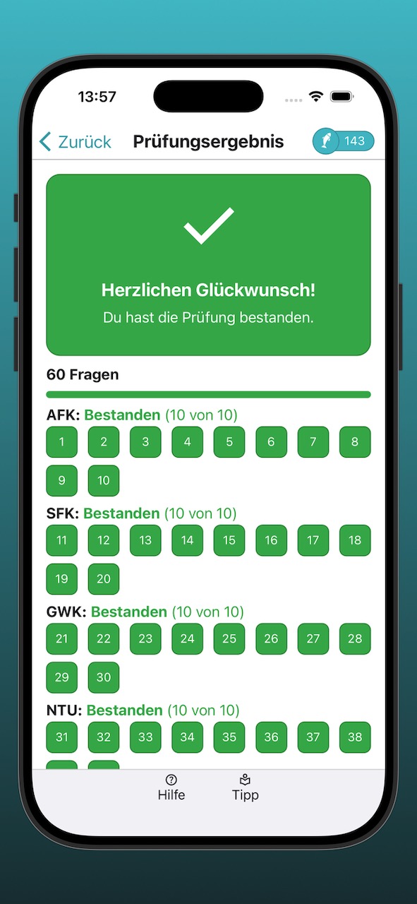 Bildschirmfoto der Anzeige eines erfolgreichen Prüfungsergebnisses