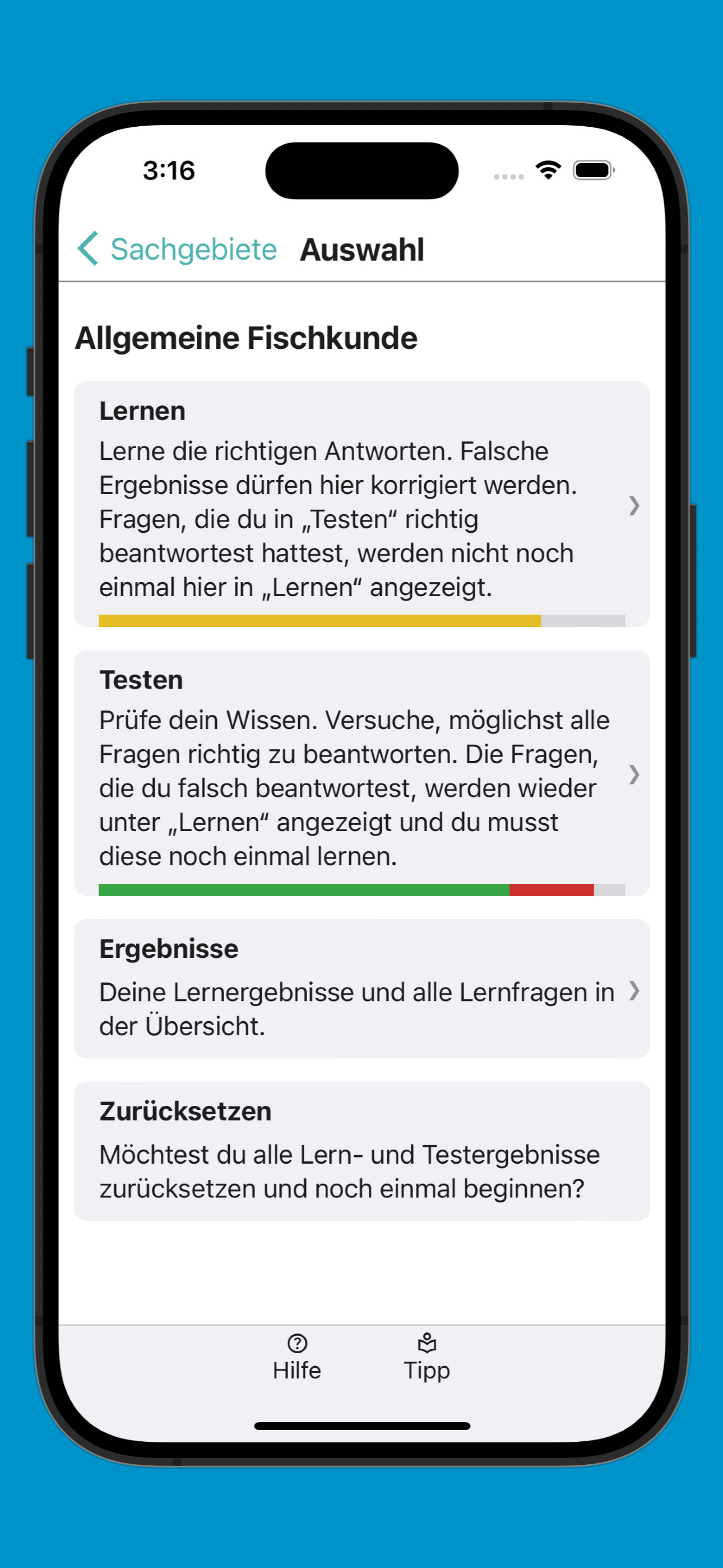 Bildschirmfoto der Übersicht der Auswahl eines Sachgebiets
