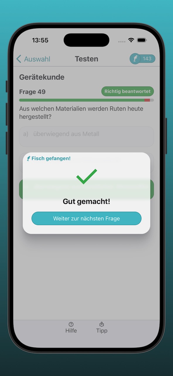 Bildschirmfoto der Ergebnisanzeige einer richtig beantworteten Frage