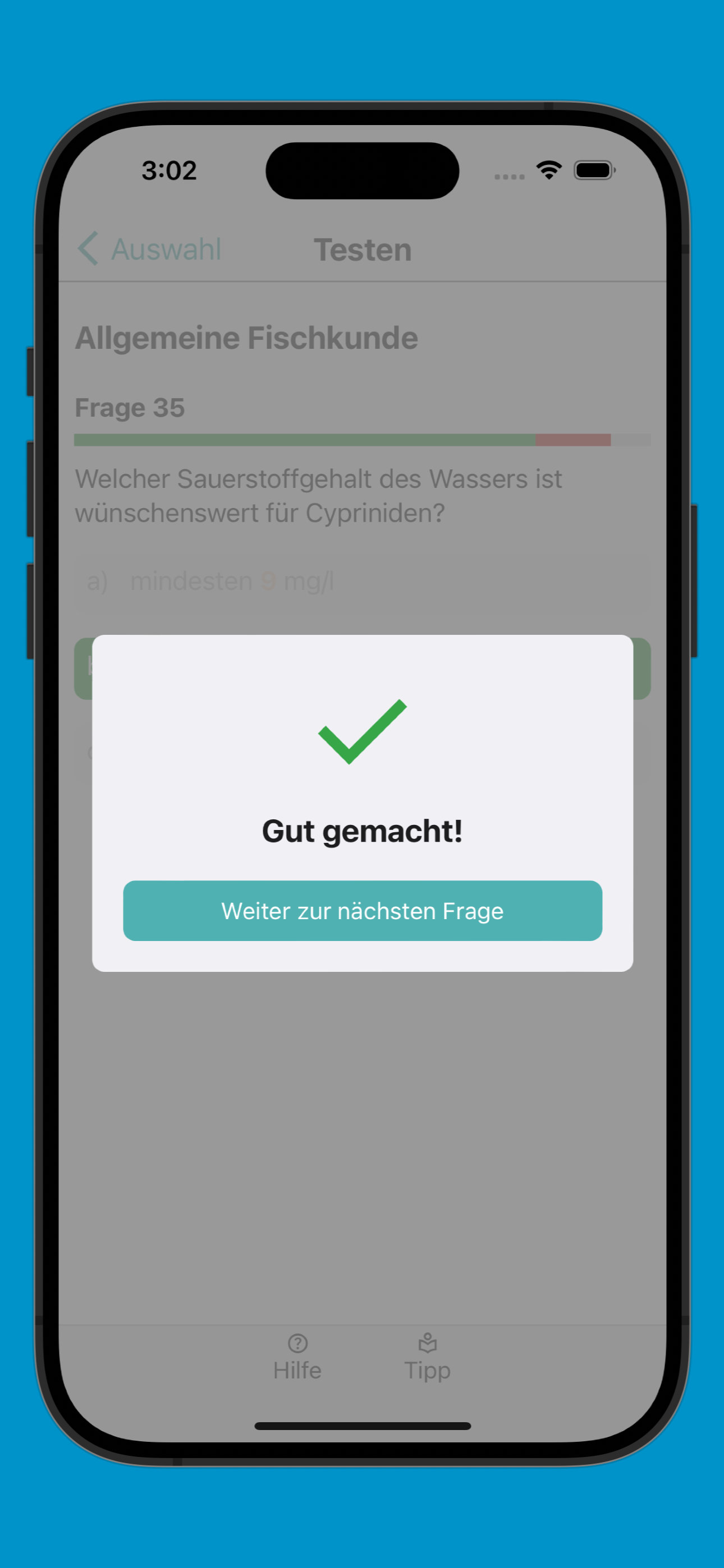 Bildschirmfoto der Ergebnisanzeige einer richtig beantworteten Frage