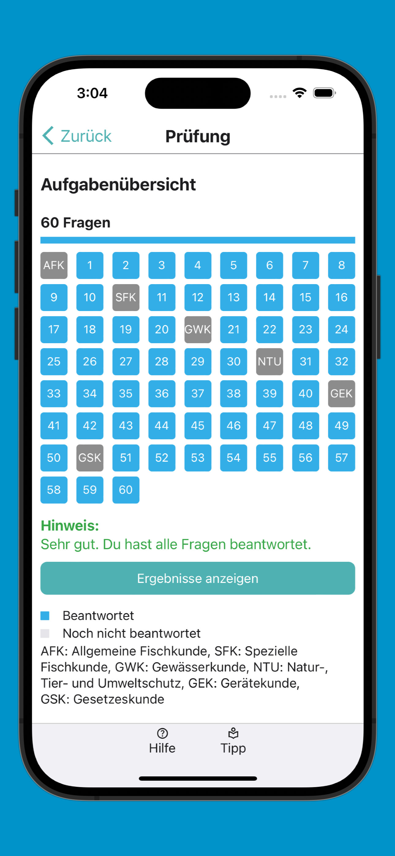 Bildschirmfoto der Anzeige der Übersicht über die beantworteten Prüfungsfragen