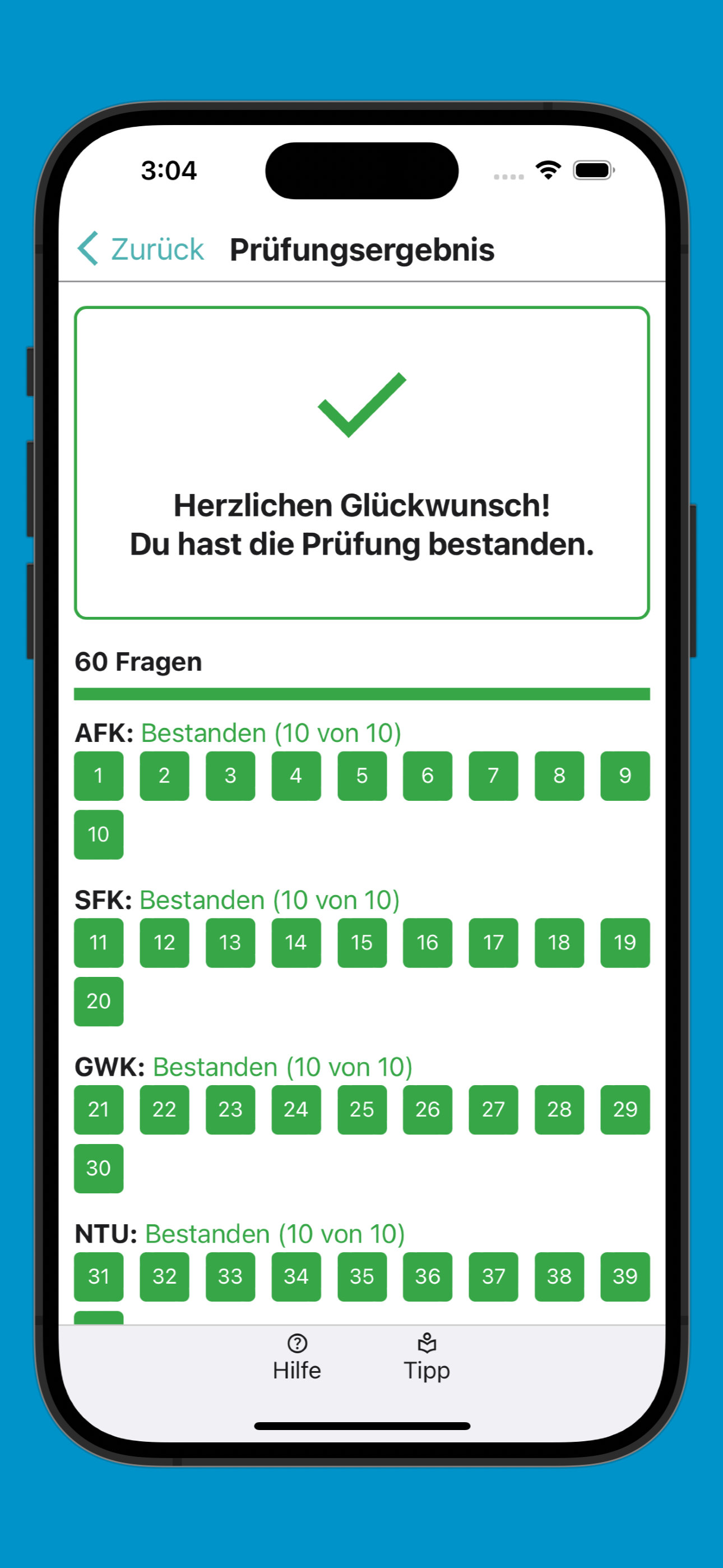 Bildschirmfoto der Anzeige eines Prüfungsergebnisses