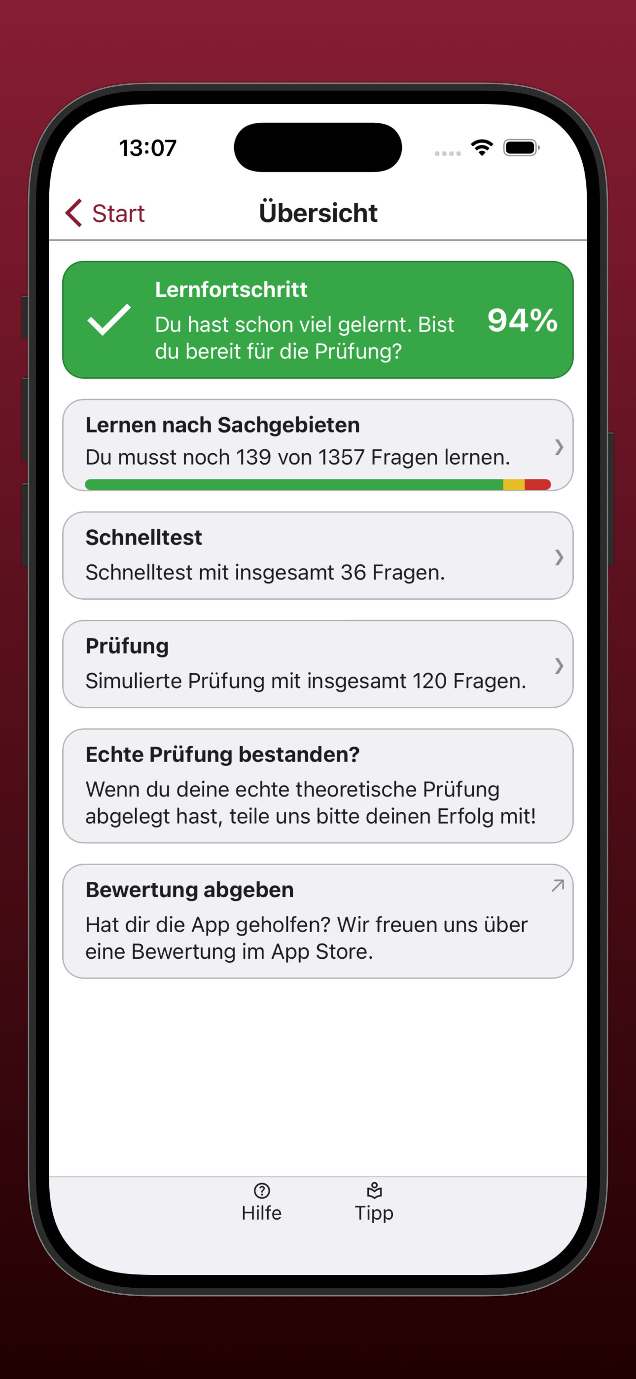 Bildschirmfoto des Hauptmenüs