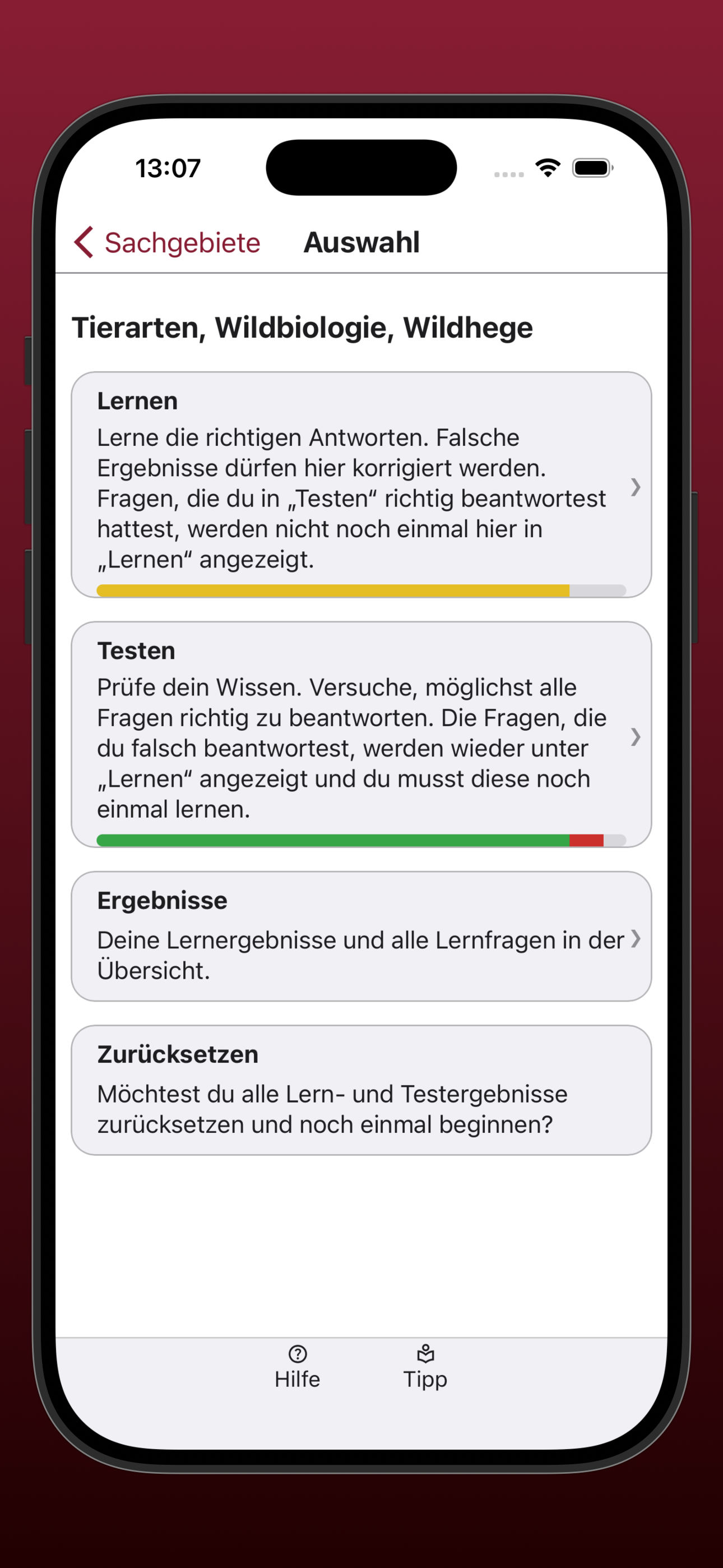 Bildschirmfoto der Übersicht der Auswahl eines Sachgebiets