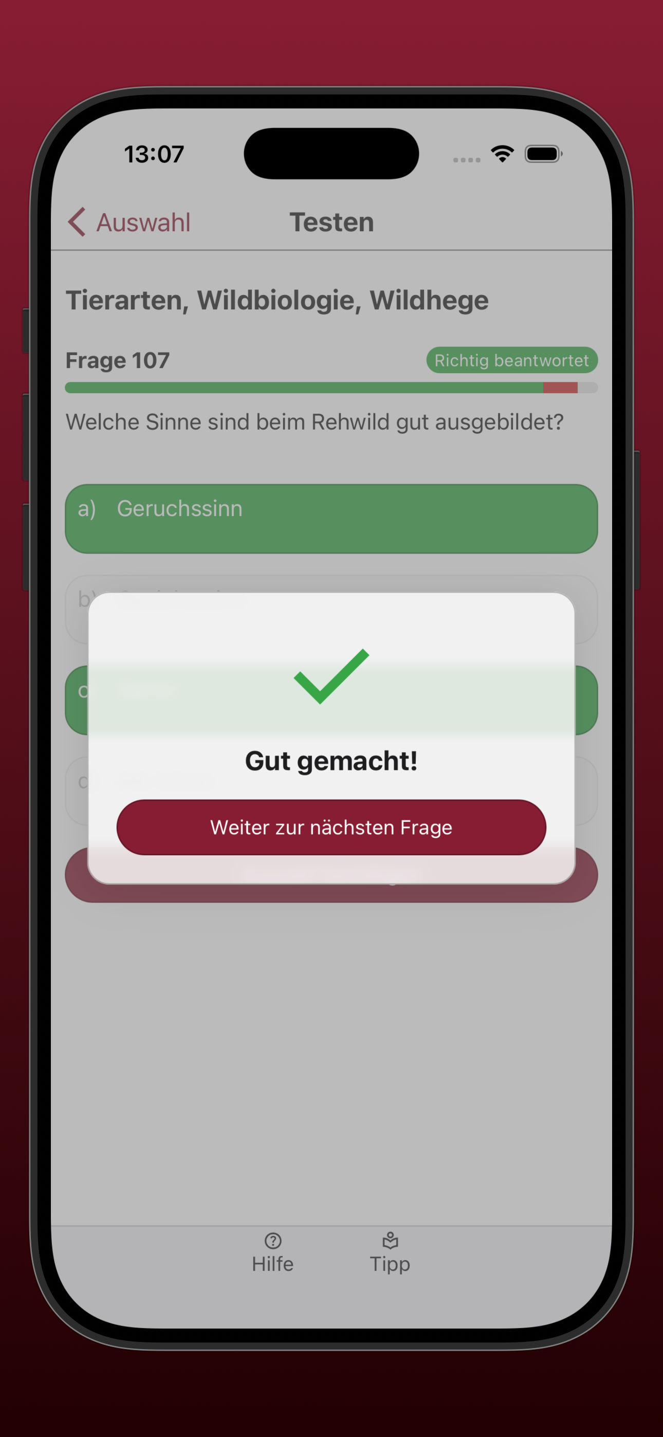 Bildschirmfoto der Ergebnisanzeige einer richtig beantworteten Frage