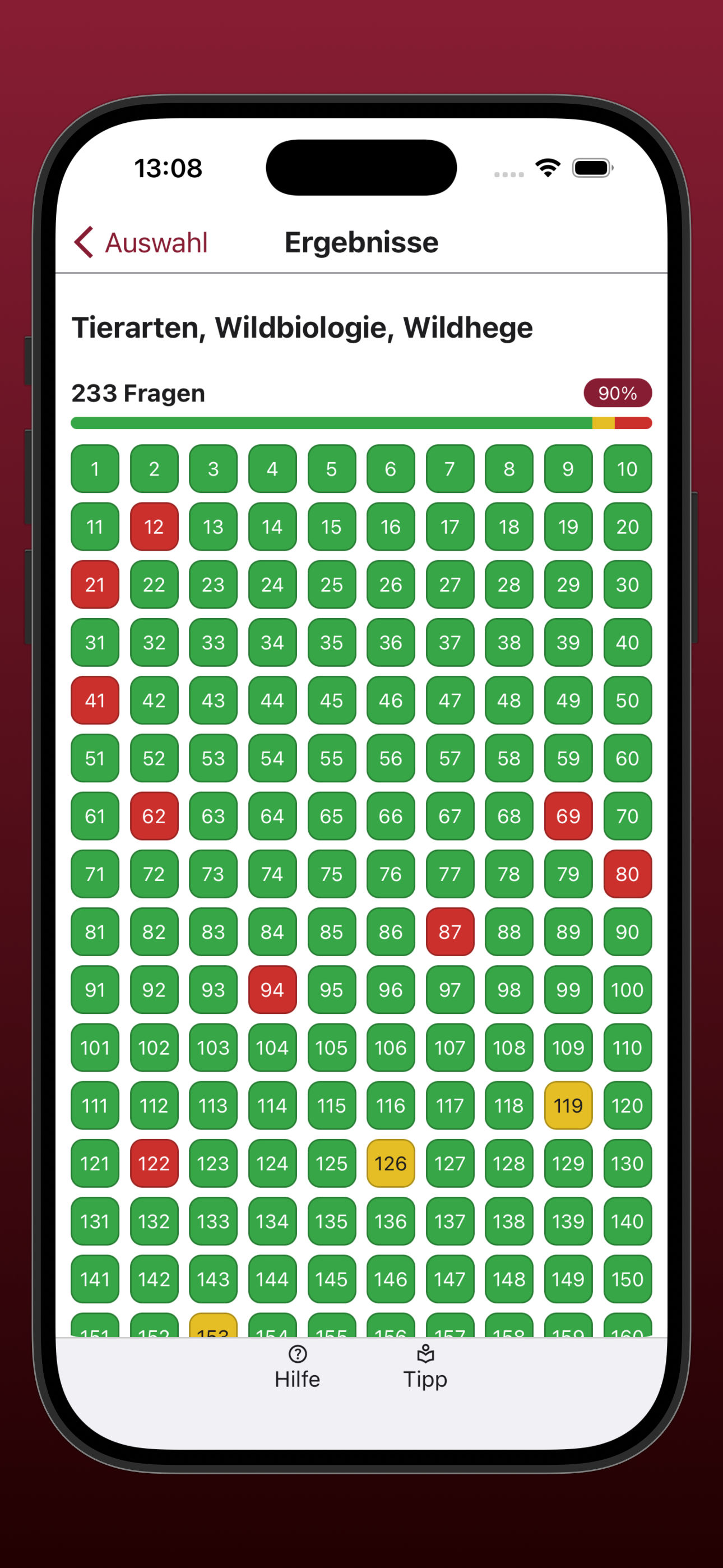 Bildschirmfoto der Anzeige der Lernergebnisse