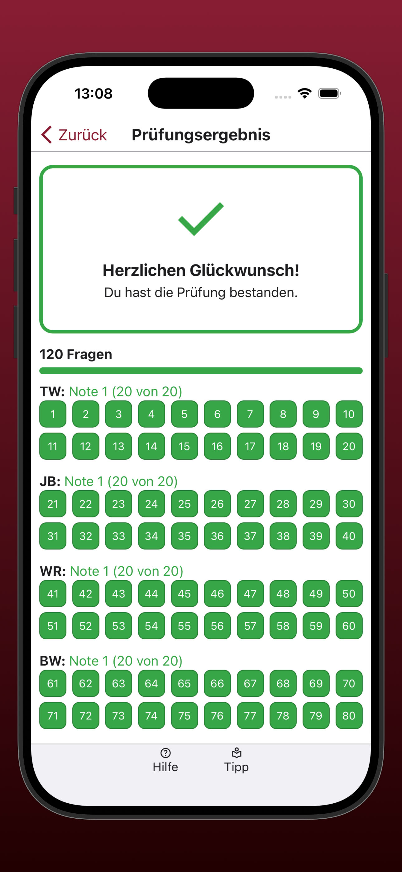 Bildschirmfoto der Anzeige der Übersicht über die beantworteten Prüfungsfragen