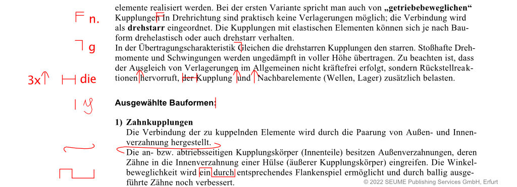 Abbildung einer Druckseite mit eingezeichneten 
            Korrekturanweisungen.