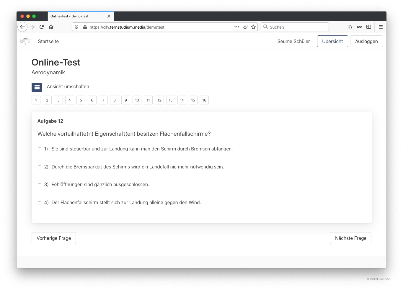 Bildschirmfoto einer Seite in einem E-Testing-System.